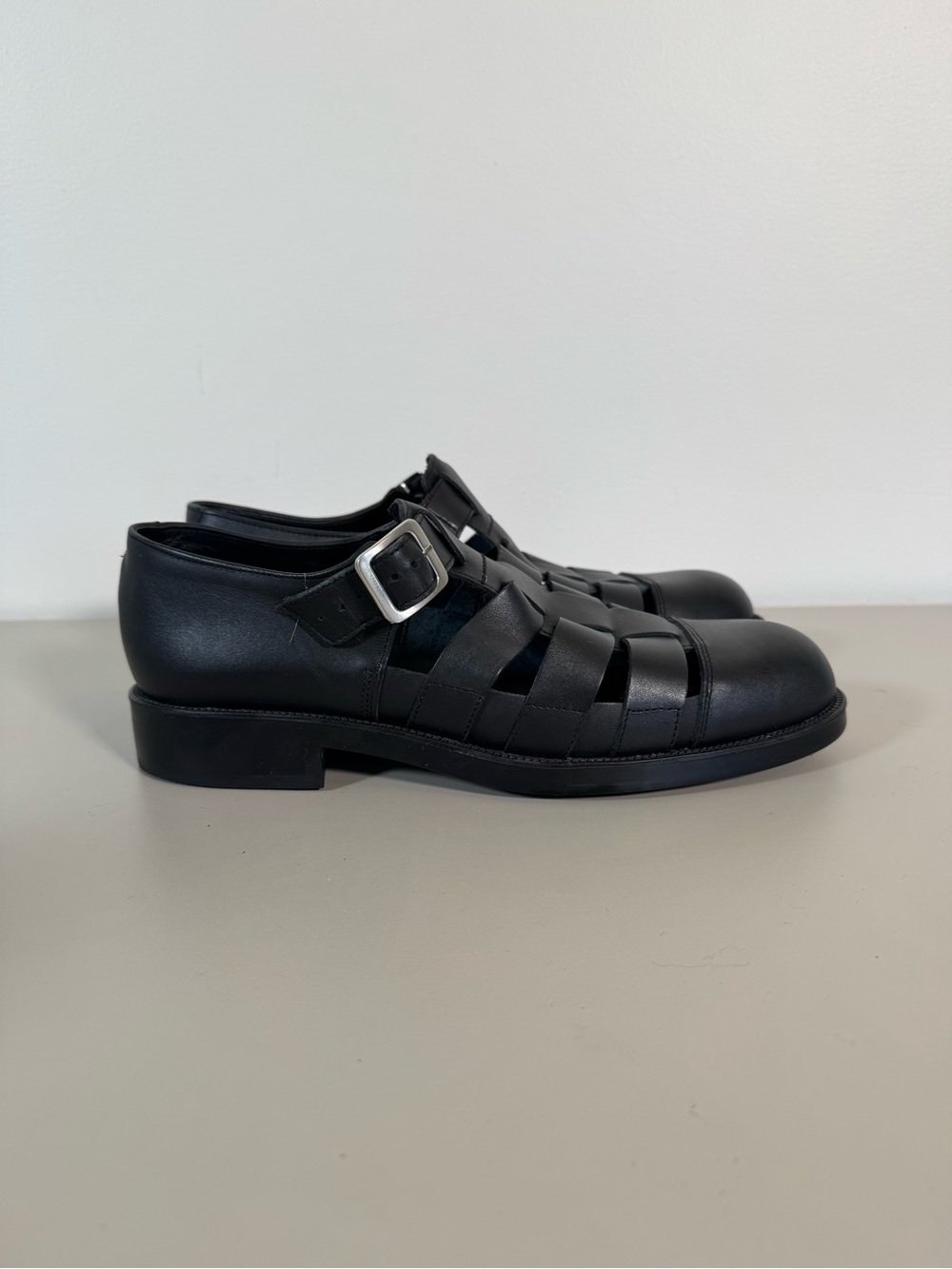 Men's Black Leather Fisherman Slip-On with Buckle